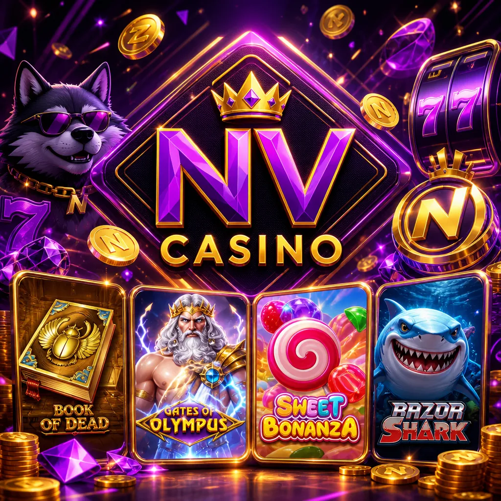 NV Casino promotional image featuring brand logo with purple-magenta neon and gold accents on a modern iGaming background.