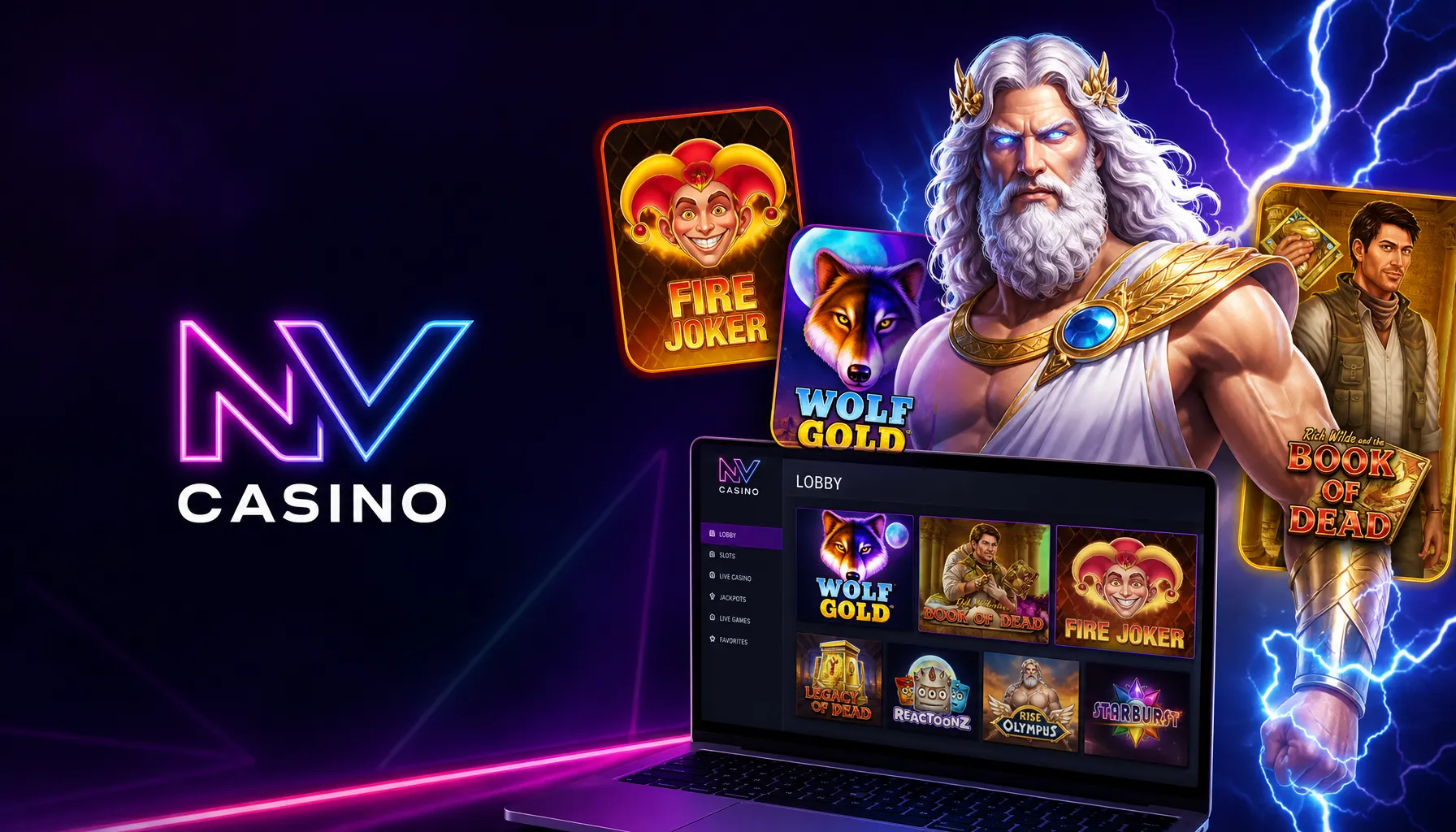 NV Casino hero banner with brand logo and themed slot visuals